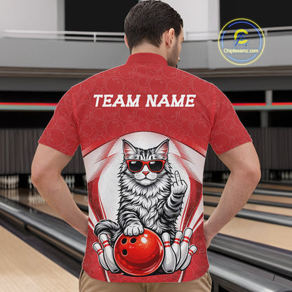 Front view of a male model in a bowling center wearing a quarter-zip bowling shirt featuring a Maine Coon cat in sunglasses beside a bowling ball.