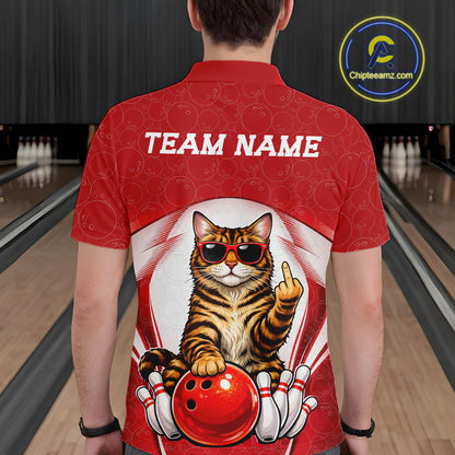 Back view of a male model in a bowling alley wearing a white and red polo shirt featuring a golden brown Bengal cat and bowling ball motif.