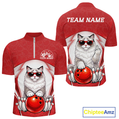 Front and back display of a white and red men’s bowling quarter-zip shirt showcasing a ragdoll cat wearing sunglasses and leaning on a bowling ball.