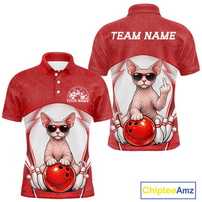 Front and back mockup of a white and red men’s bowling polo shirt showcasing a sphynx cat wearing sunglasses and leaning on a bowling ball.