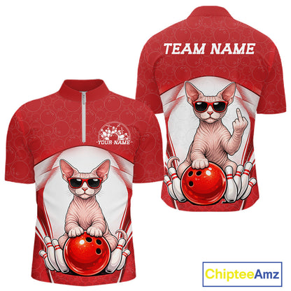 Front and back mockup of a white and red men’s bowling quarter-zip shirt featuring a sphynx cat wearing sunglasses and leaning on a bowling ball.