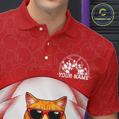 Close-up left chest view of a white and red bowling polo shirt with an orange British Shorthair cat wearing sunglasses and leaning on a bowling ball.