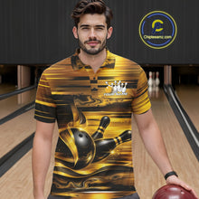 Load image into Gallery viewer, Male model at the bowling lane wearing a bowling polo shirt, front view, featuring glossy gold and black bowling ball and pins graphics.