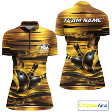 Load image into Gallery viewer, Front and back views of a women's bowling quarter-zip shirt mockup showcasing glossy gold and black bowling ball and pins artwork.
