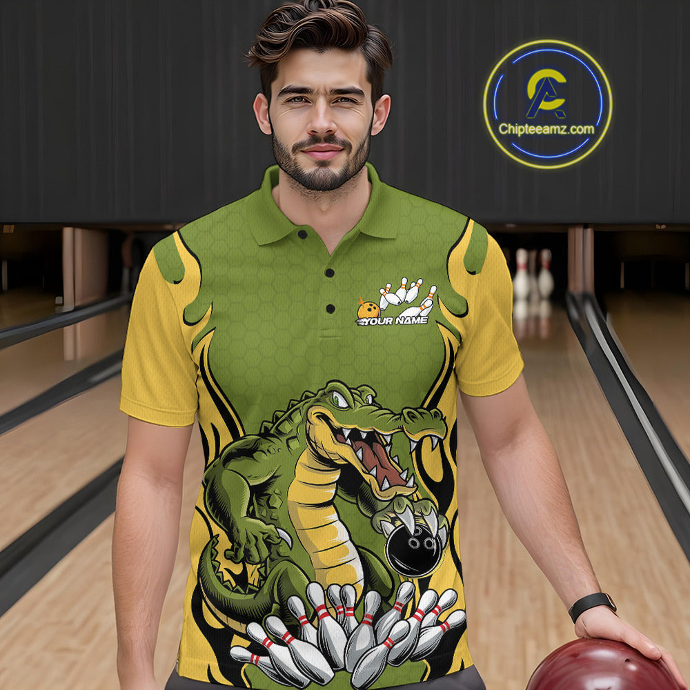 Custom Funny Alligator Bowling Polo Shirt For Men, Alligator Bowling Team League Shirt IPHW9924