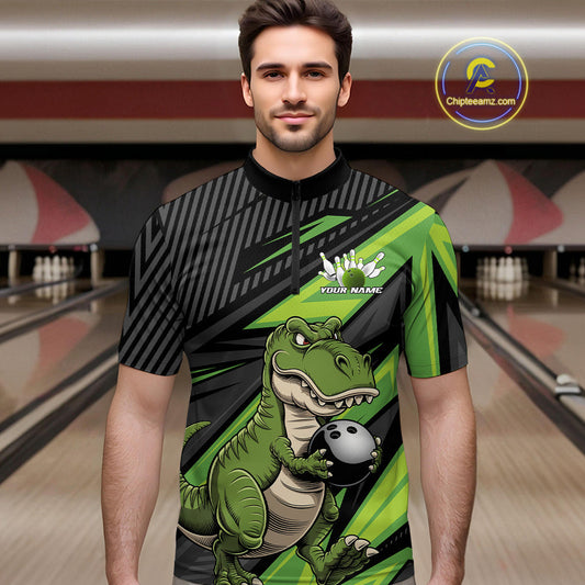 Custom Funny Green Bowling Dinosaur Bowling Men Quarter-Zip Shirt, Bowling Team Shirt IPHW9927