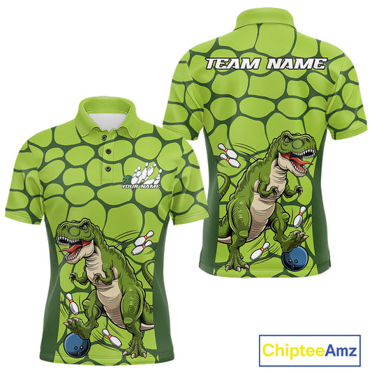 Custom Funny Green Dinosaur Bowling Team Men Polo Shirt, Bowling Tournament Team Shirt IPHW9931