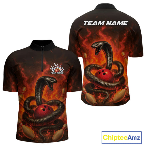 Custom Red Flame Black Mamba Snake Bowling Men Quarter-Zip Shirt, Snake Bowling Team Jerseys IPHW10149