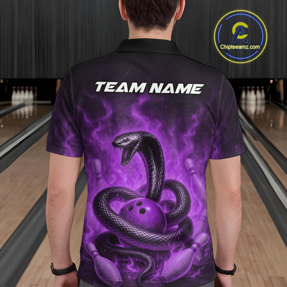 Custom Purple Flame Black Mamba Snake Bowling Men Polo Shirt, Snake Bowling Team Jerseys IPHW10150