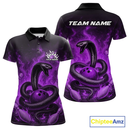 Custom Purple Flame Black Mamba Snake Bowling Women Polo Shirt, Snake Bowling Jerseys IPHW10150