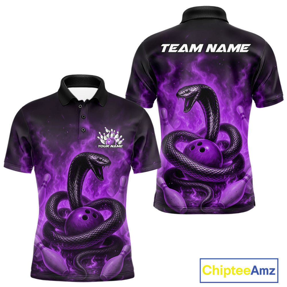 Custom Purple Flame Black Mamba Snake Bowling Men Polo Shirt, Snake Bowling Team Jerseys IPHW10150