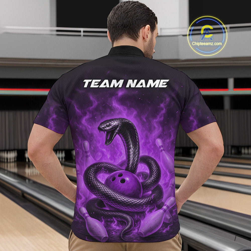 Custom Purple Flame Black Mamba Snake Bowling Men Quarter-Zip Shirt, Snake Bowling Team Jerseys IPHW10150