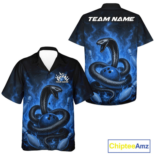 Custom Blue Flame Black Mamba Snake Bowling Men And Women Hawaiian Shirt, Snake Bowling Team Jerseys IPHW10151