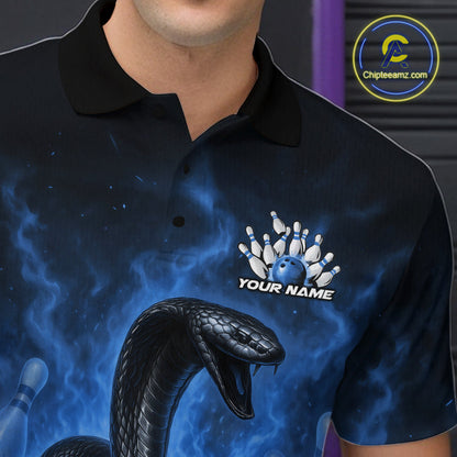 Custom Blue Flame Black Mamba Snake Bowling Men Polo Shirt, Snake Bowling Team Jerseys IPHW10151