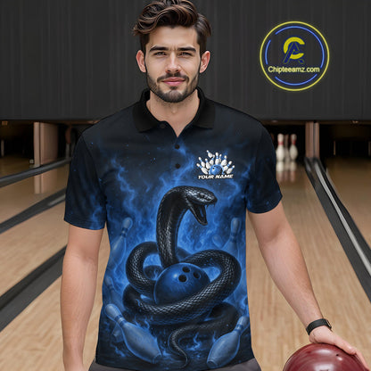 Custom Blue Flame Black Mamba Snake Bowling Men Polo Shirt, Snake Bowling Team Jerseys IPHW10151