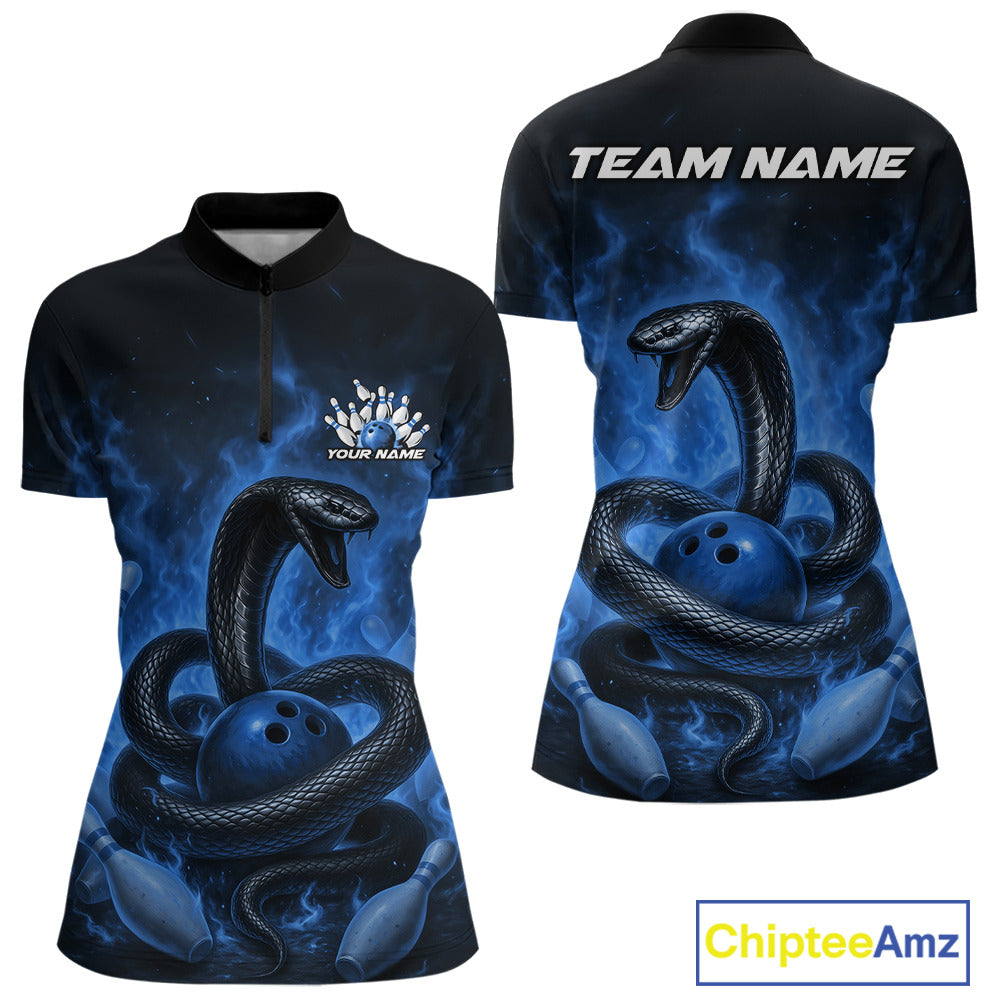 Custom Blue Flame Black Mamba Snake Women Bowling Shirt, Snake Bowling Team Jerseys IPHW10151