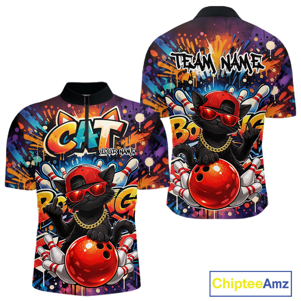 Front and back mockup of a colorful men’s bowling quarter-zip shirt featuring a black cat in sunglasses and a backward cap leaning on a bowling ball in graffiti style.
