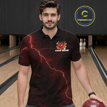 Load image into Gallery viewer, Custom Black And Red Lightning Montrous Flame Bowling Tournament Men Polo Team Shirt IPHW11071