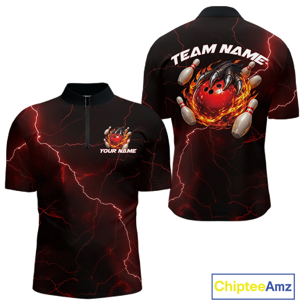 Front and back black and red mens bowling quarter-zip featuring a dragon claw gripping a flaming bowling ball and scattered bowling pins.