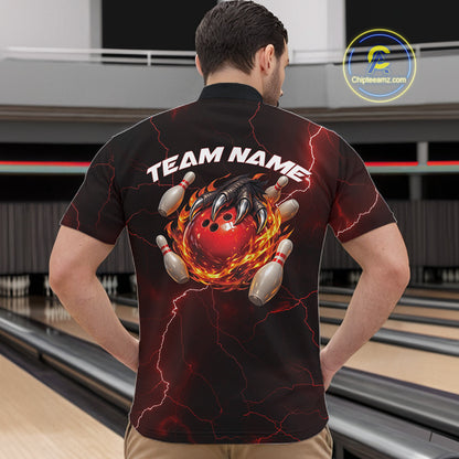Front view of a black and red mens bowling quarter-zip displaying a flaming bowling ball held by a dragon claw.