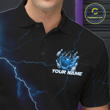 Load image into Gallery viewer, Left chest close-up of a black and blue bowling polo featuring a dragon claw gripping a flaming bowling ball.
