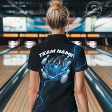 Load image into Gallery viewer, Custom Black And Blue Lightning Montrous Flame Bowling Tournament Women Polo Team Shirt IPHW11072