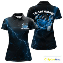 Load image into Gallery viewer, Custom Black And Blue Lightning Montrous Flame Bowling Tournament Women Polo Team Shirt IPHW11072