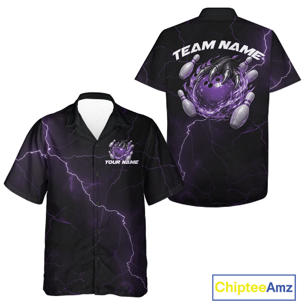 Front and back view of a black and purple button-up bowling shirt featuring a dragon claw gripping a flaming bowling ball, scattered pins, and a lightning-filled fantasy backdrop.