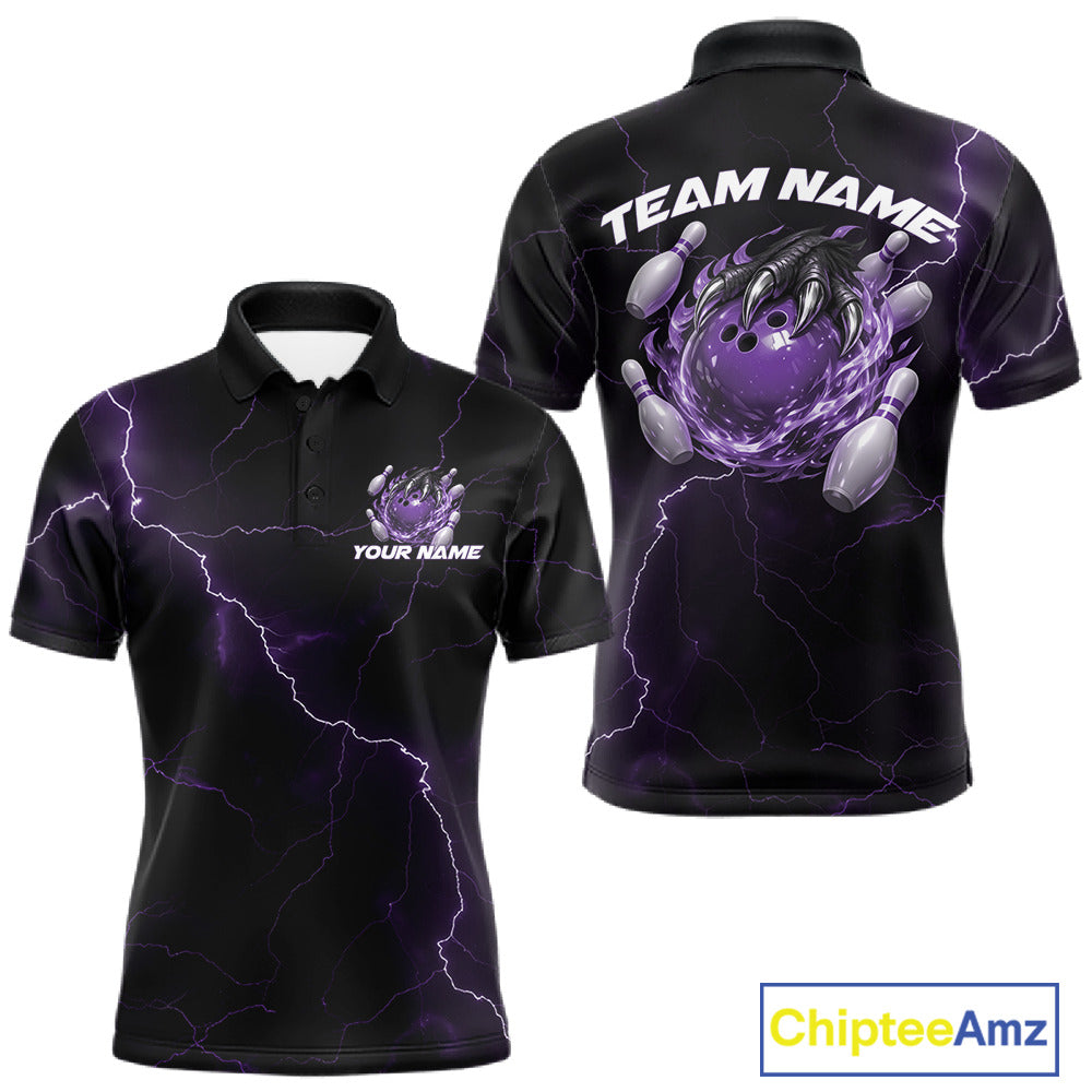 Front and back black and purple mens bowling polo featuring a dragon claw gripping a flaming bowling ball with lightning fantasy artwork.