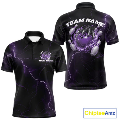 Front and back black and purple mens bowling polo featuring a dragon claw gripping a flaming bowling ball with lightning fantasy artwork.