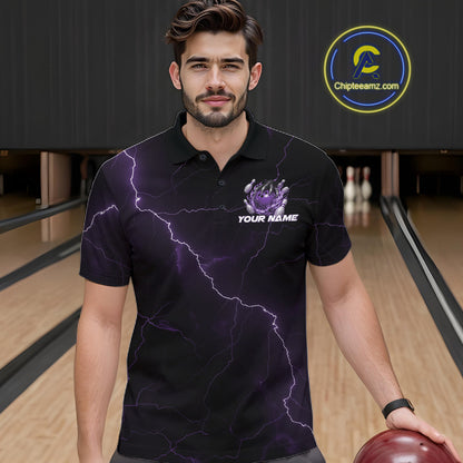 Male model wearing a black and purple bowling polo in a bowling center with dragon claw and bowling pin graphics.