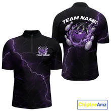 Load image into Gallery viewer, Custom Black And Purple Lightning Montrous Flame Bowling Tournament Men Quarter-Zip Team Shirt IPHW11073