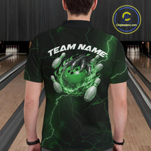 Load image into Gallery viewer, Custom Black And Green Lightning Montrous Flame Bowling Tournament Men Polo Team Shirt IPHW11074