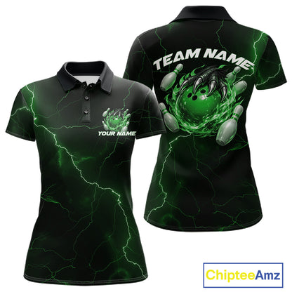 Front and back black and green womens bowling polo featuring a dragon claw gripping a flaming bowling ball with scattered pins.