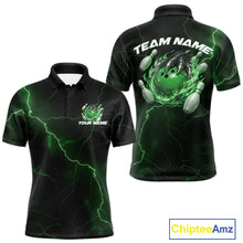 Load image into Gallery viewer, Custom Black And Green Lightning Montrous Flame Bowling Tournament Men Polo Team Shirt IPHW11074
