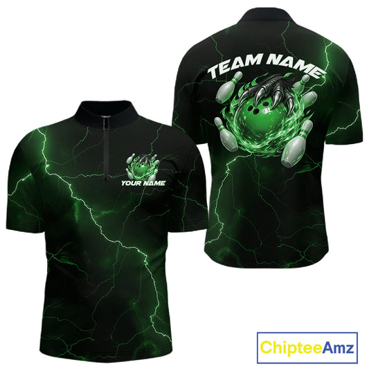 Front and back black and green mens bowling quarter-zip featuring a dragon claw gripping a flaming bowling ball with fantasy lightning artwork.