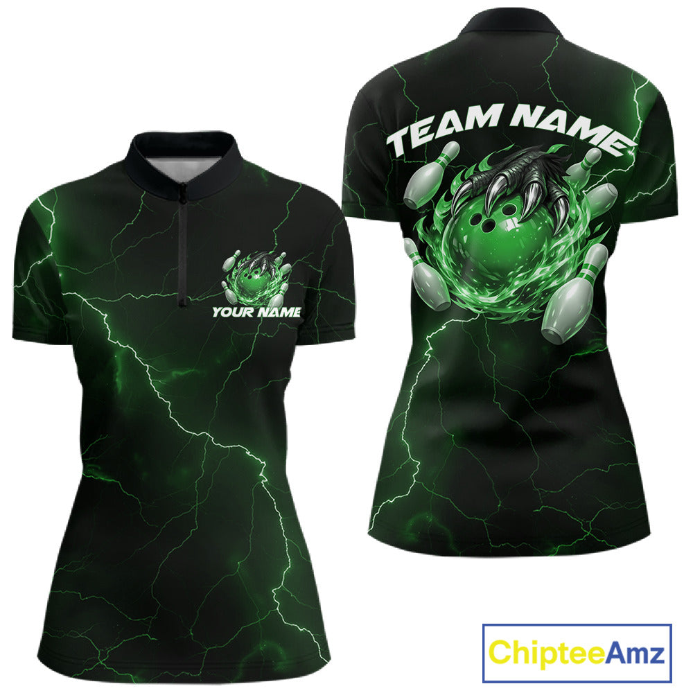 Black and green womens quarter-zip mockup featuring a dragon claw gripping a flaming bowling ball with lightning accents.