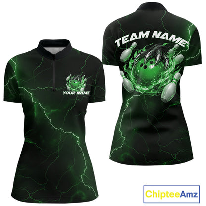 Black and green womens quarter-zip mockup featuring a dragon claw gripping a flaming bowling ball with lightning accents.