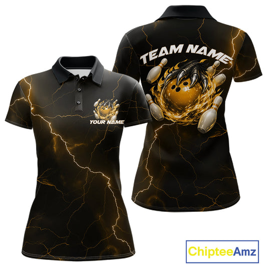 Front and back black and yellow womens bowling polo featuring a dragon claw gripping a flaming bowling ball with scattered pins.