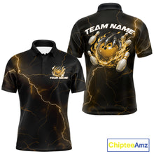 Load image into Gallery viewer, Front and back black and yellow mens bowling polo featuring a dragon claw gripping a flaming bowling ball with scattered pins.