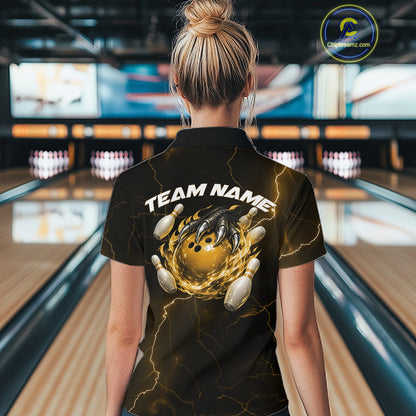 Back view of a black and yellow womens quarter-zip displaying dragon claw bowling graphics with scattered pins.