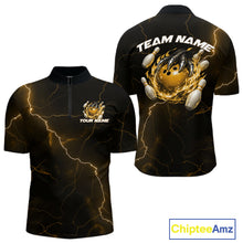 Load image into Gallery viewer, Custom Black And Yellow Lightning Montrous Flame Bowling Tournament Men Quarter-Zip Team Shirt IPHW11075