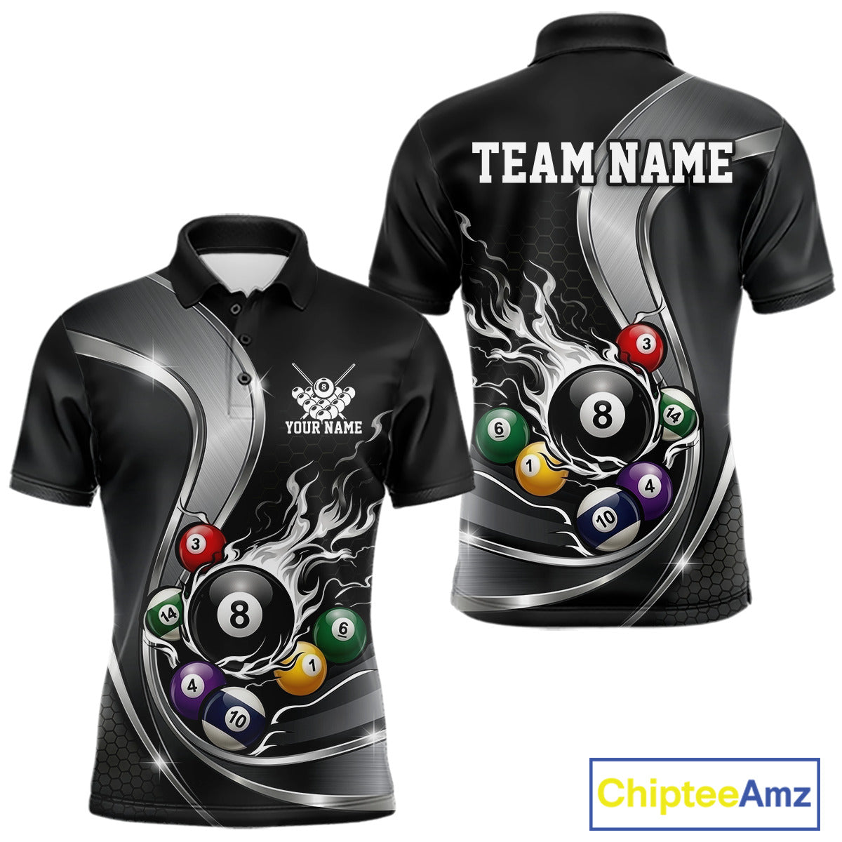 Front and back mockup of a mens black and silver billiard polo with metallic ribbon accents, dark honeycomb artwork, and a flaming 8-ball motif