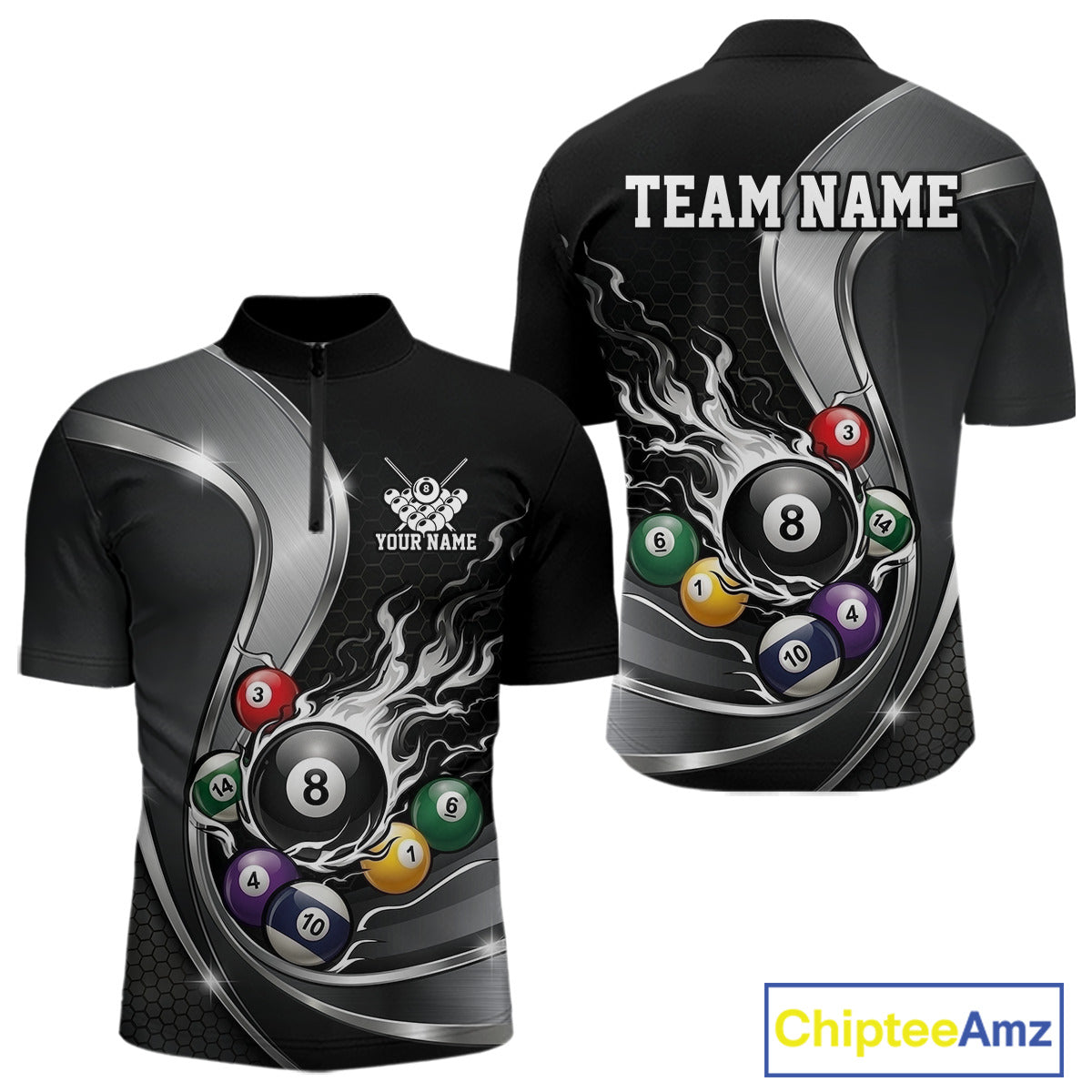 Front and back mockup of a mens black and silver billiard quarter zip with metallic ribbons, dark honeycomb graphics, and a flaming 8-ball