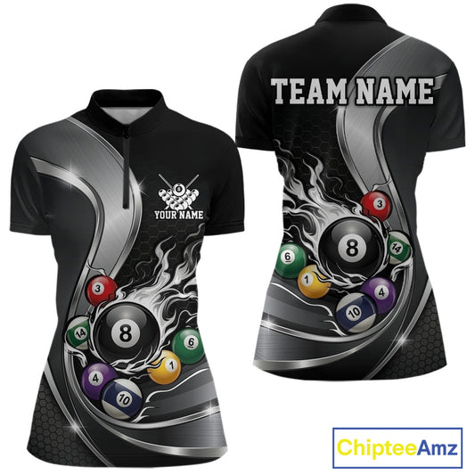 Front and back mockup of a womens black and silver billard quarter zip with metallic ribbons, dark honeycomb graphics, and a flaming 8-ball