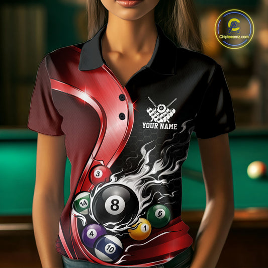 Front view of a female model in a black and red billiard polo with metallic ribbons, dark honeycomb graphics, and a flaming 8-ball