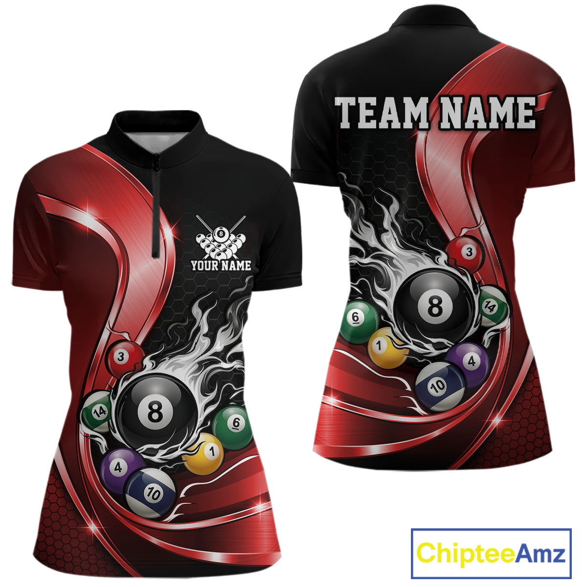 Front and back mockup of a womens black and red billiard quarter zip featuring metallic ribbons, dark honeycomb graphics, and a flaming 8-ball with scattered pool balls