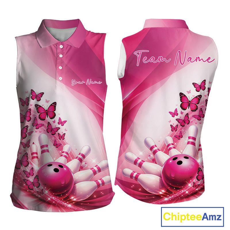 Front and back mockup of a womens white and pink sleeveless bowling shirt decorated with butterfly graphics and bowling artwork