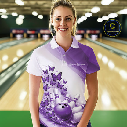 Front view of a female model in a white and purple bowling polo showcasing butterfly graphics and bowling artwork