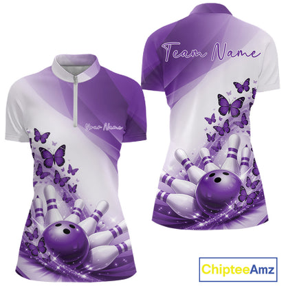 Front and back mockup of a womens white and purple bowling quarter zip showcasing butterfly graphics and bowling-themed artwork